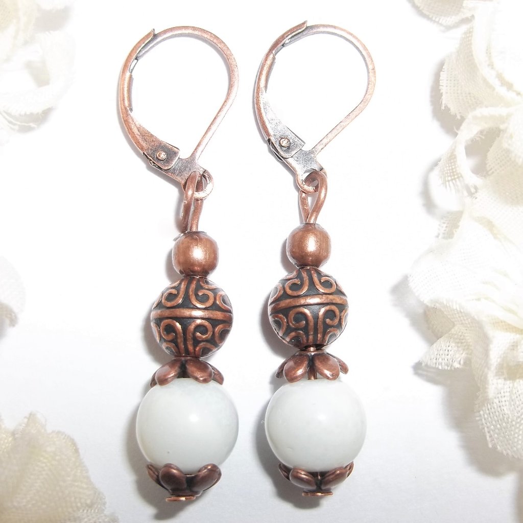 White & Copper Boho Earring Jewelry Set Dangle Gift Idea For Her Girl Woman 6822